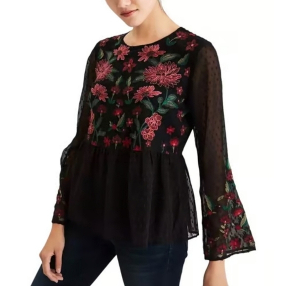 American Eagle Outfitters Tops - American Eagle Outfitters Black Swiss Dot Floral Embroidered Peplum Top